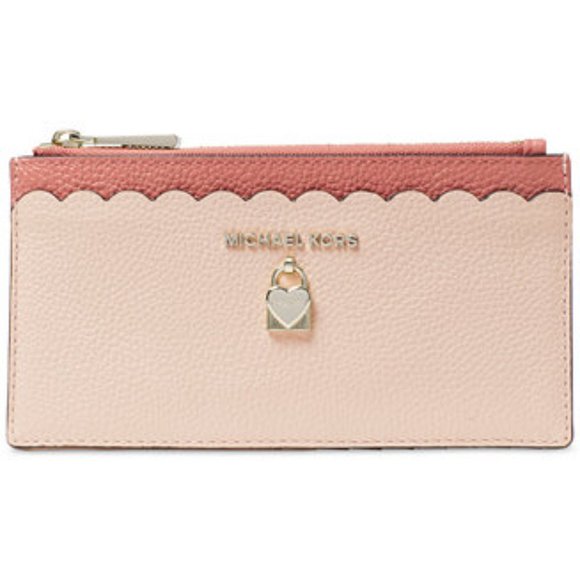 MICHAEL KORS SCALLOPED BI-COLOR PEBBLE LEATHER SLIM CARD CASE WALLET